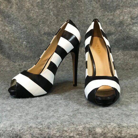 Sasha New York Leather Black and White Stripes Heel Peep Toe Shoes - Picture 6 of 12